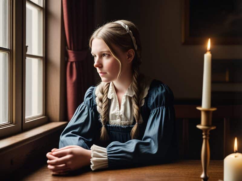 October 1773, Paul Revere's new bride, Rachel wearing a wedding ring is looking out the window by candlelight, Colonial America