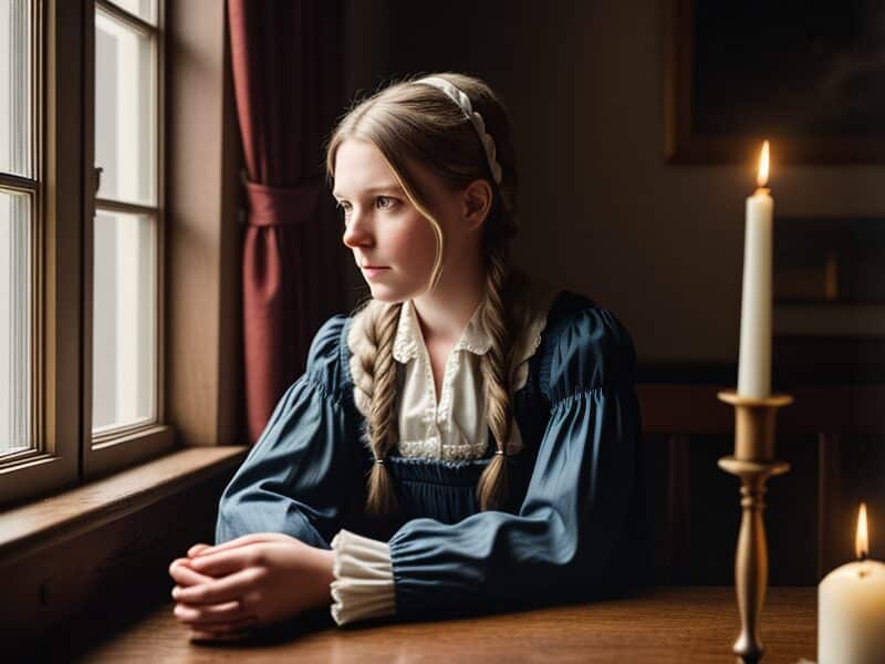 2-9cf1c330-5c95-49bc-9534-7a4a478ccec9-800x600 October 1773, Paul Revere's new bride, Rachel wearing a wedding ring is looking out the window by candlelight, Colonial America